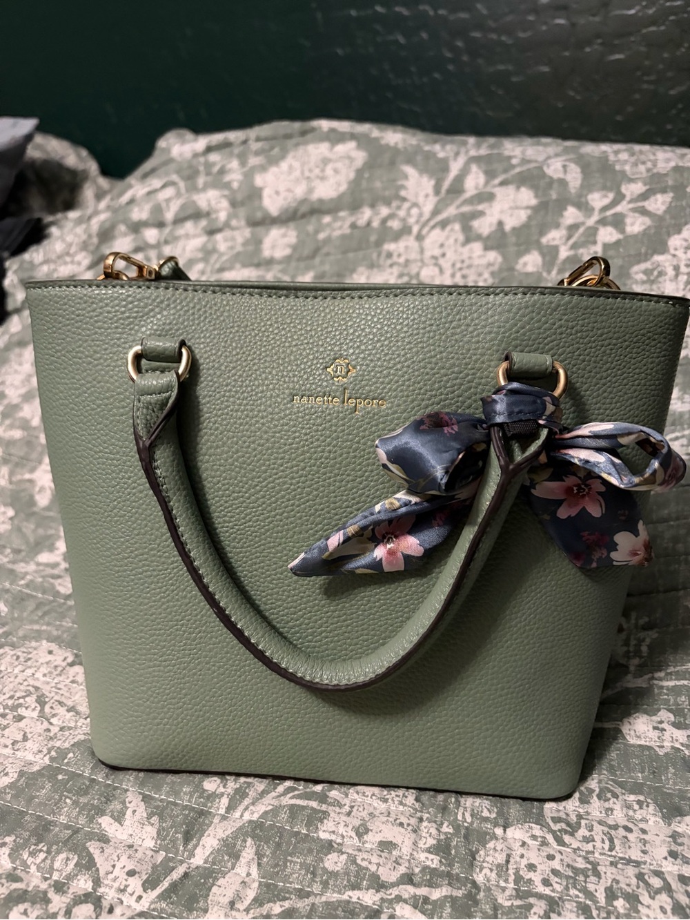 Nanette Lepore Sage Green Pebbled Shoulder Tote with Floral Scarf Accent